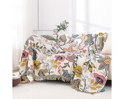 PolkaHome Dubbelzijdige Grote Boheemse Deken - 100% Biologisch Katoen Handgeweven Bed- en Bankdeken, Gezellig Boho-Accent voor 2-3-Zits Banken en Fauteuils - 150x200cm, Granaatbloesem Wit