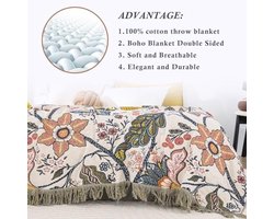 PolkaHome Dubbelzijdige Grote Boheemse Deken - 100% Biologisch Katoen Handgeweven Bed- en Bankdeken, Gezellig Boho-Accent voor 2-3-Zits Banken en Fauteuils - 200x230 cm, Granaatbloesem Wit