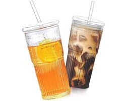 PolkaHome Glazen Beker Set met Deksel en Rietjes - 600ml IJsdrinkbeker voor Frisse Dranken