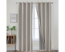 PolkaHome Gordijnen, set van 2 stuks, 100% verduisterend, linnenlook, met ringen, warmte-isolerend, voor slaapkamer en woonkamer, 140 x 245 cm (b x h), Wit Grijs