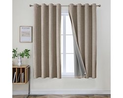 PolkaHome Gordijnen, set van 2 stuks, linnenlook, 100% verduisterend, thermisch isolerend, met gordijnringen, voor slaapkamer en woonkamer