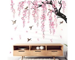 PolkaHome Grote Bloem Boom Tak Muurstickers Roze Kersenbloesem Bloemen Vogels Wanddecoratie voor Woonkamer Slaapkamer TV Muur (185cm x 135cm)
