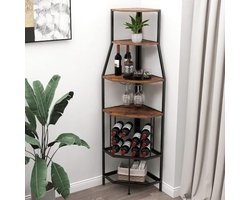 PolkaHome Hoekwijnrek met 5 niveaus, met glazenhouder en wijnopslag, industrieel wijnrek voor keuken, bar, kelder, eetkamer - Vintage Bruin en Zwart