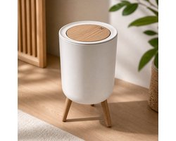 PolkaHome Hoge Prullenbak 36,5 cm - Afvalemmer met Houten Deksel - Push-to-Open - Voor Woonkamer, Keuken, Slaapkamer en Kantoor