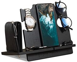 PolkaHome Houten Docking Station - Zwart - Bureau, Nachtkastje, Entree Organizer - Sieradenhouder, Telefoonhouder - Cadeau voor Mannen, Verjaardag, Kerstcadeau, Valentijnsgeschenk