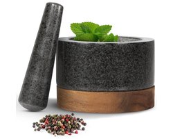PolkaHome Houten en Granieten Mortel en Stamper Set - Grote Steen Vijzel met Acacia Houten Onderzetter - Ø15,5cm - Ideaal voor het Malen van Kruiden en Specerijen