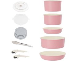PolkaHome Inductiepannen en pannenset met afneembare handgrepen, antiaanbaklaag, graniet, stapelbaar, kookgerei set met siliconen deksels, ruimtebesparende pannenset zonder PFOA, braadpan, braadpan, 16-delige set - Roze