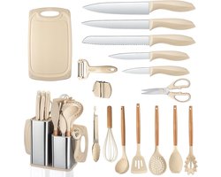 PolkaHome Keukenmessenset met Blok, 18-delige Keukengerei Set met 5 Messen en 7 Siliconen Spatels, Strogeel