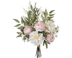 PolkaHome Kunstbloemen Pioenroos Boeket - Roze/Wit - Zijden Bloemen Decoratie voor Huis, Bruiloft en Feesten - 43 cm