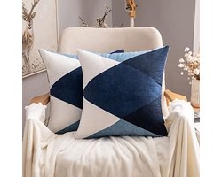PolkaHome Kussenslopen Set van 2 - Vierkant 50x50 cm - Zacht Suède Materiaal - Geometrisch Patroon - Blauw - Met Verborgen Ritssluiting - Geschikt voor Bank, Woonkamer en Bed