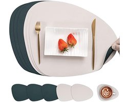 PolkaHome Lederen Tafelmatten en Onderzetters Set van 6 - Waterdichte, Dubbelzijdige, Antislip Keuken Placemats en Coasters in Beige en Groen - Wasbaar en Milieuvriendelijk