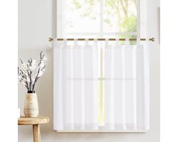PolkaHome ® Linnen vitrage met lussen, bistrogordijn, semi-transparant kort gordijn, transparant gordijn, raamgordijn voor keuken, woonkamer, landhuis, set van 2, 65 B x 90 H (cm) wit