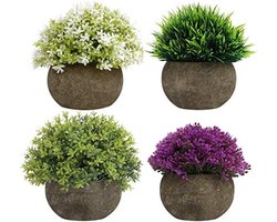 PolkaHome Mini Kunstplanten Set (4 Stuks) - Groene, Paarse & Witte Nep Planten voor Binnen en Buiten - Huis, Kantoor, Badkamer, Keuken Decor, Bureau, Plank & Tafel Decoratie