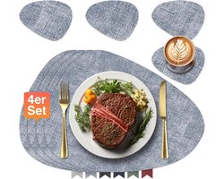 PolkaHome Placemats en onderzetters van leer, afwasbaar, placemats, afwasbaar, tafelsets, afwasbaar, tafelmatten voor keuken, eettafel, set van 4 (driehoekige cirkel, lichtblauw)