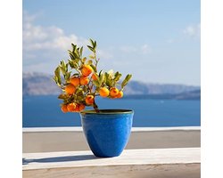 PolkaHome Plantenstandaard Bloempot Binnen Groot - Kunststof Bloempot in Geglazuurde Keramiek-Look, Marine Blauw - Santorini Design Ø 39,5 cm x H 33,5 cm - Stijlvolle Plant Pot voor Binnengebruik