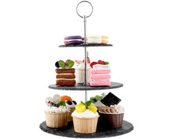 PolkaHome Ronde Taartstandaard 3 Etages - Zwarte Leisteen Etagère voor Cake, Desserts en Fruit - Demontabele Lagen - Geschikt voor Feesten en Picknicks