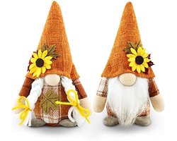PolkaHome Set van 2 Herfst Kabouters Decoraties - Pluche Handgemaakte Oogst Zonnebloem Esdoornblad Elf Dwerg Decor voor Boerderij Huis Keuken Feest