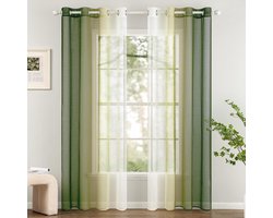 PolkaHome ® Set van 2 Voile Gordijnen, Tweekleurig Gordijn met Ringetjes, Transparant Gordijn, Ringetjesgordijn, Decoratief Gordijn, Doorschijnende Raamsjaal voor Slaapkamer en Woonkamer, 140 x 260 cm, Olijfgroen