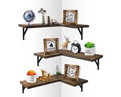 PolkaHome Set van 3 hoek-zwemrekken, wandmontage, rustieke houten wand-opberg-organizer-rekken voor slaapkamer, woonkamer, badkamer, keuken, kantoor, boerderij - Bruin