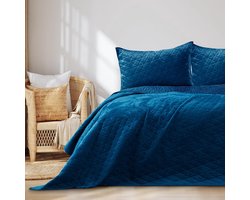 PolkaHome ® Sprei 240x260 cm blauw stiksel fluweel Laila