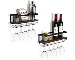PolkaHome Wandgemonteerde Wijnrek Set van 2 - Zwevende Wijnplanken met Glashouder - Vintage Houten Wijnrek voor Eetkamer, Bar of Thuis - Multifunctioneel Wandrek voor Wijnflessen en Decoratie