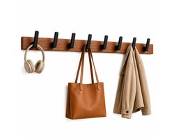 PolkaHome Wandkapstok Hout met 8 Zwarte Haken - Moderne Wandhaak voor Jassen, Tassen, Handdoeken & Koptelefoon - Minimalistisch Design