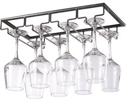 PolkaHome Wijnglashouder - Metaal Glazenrek onder de Kast - Opbergrek voor Wijn- en Cocktailglazen - Zwart - 4 Rijen - Inclusief Montagemateriaal