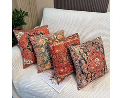 PolkaHome - Zachte fluwelen kussenhoezen met Perzische Bohemian rode print - Set van 4 - 45x45 cm - Decoratieve kussenhoezen voor sofa