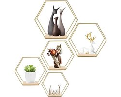 PolkaHome Zeshoekige Wandplanken Set van 5, Goudkleurig Metaal en Hout, Opbergplanken voor Keuken, Badkamer, Woonkamer, Slaapkamer of Kantoor