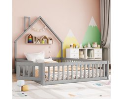 Polsterbed 140 x 200 cm - Kinderbed met schoorsteenmodel - Bed met lattenbodem - Gemaakt van grenen hout - Minimalistische stijl - Grijs