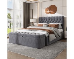 Polsterbed 140 x 200 cm met hydraulische bediening, lattenbodem, opbergruimte – Bankstijl in satijn grijs