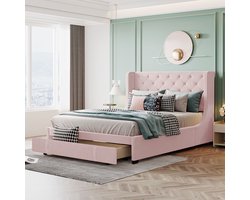 Polsterbed 140 x 200 cm met latwerk, rugleuning en grote lades - Tweepersoonsbed voor volwassenen en tieners in Pro-linnen stof - Roze (matras niet inbegrepen)