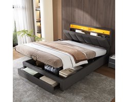 Polsterbed 140*200 cm - LED-verlichting - Hydraulisch opbergsysteem met bedlade, laden en opbergvakken - Stofafstotend hoofdbord van schuim - Stalen frame - Linnen - Grijs