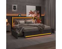 Polsterbed 140x200 cm | Met LED Verlichting, USB & Type-C | Tweepersoonsbed met 4 Laden & Lattenbodem | Grijs Linnen