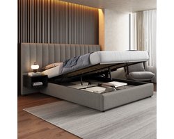 Polsterbed 160 x 200 cm - Opbergruimte onder het bed - Twee nachtkastjes - Hydraulisch hefsysteem - Met lattenbodem - Linnen - Grijs + Zwart