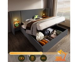 Polsterbed 160×200 - Nachtkastje - Leeslamp - USB Type-C-oplader - Opbergbed - Massief houten frame met metalen lattenbodem - Grijze lederen bedstel (zonder matras)
