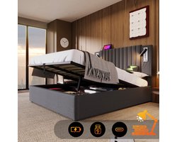 Polsterbed 160x200 cm - Dubbel bed met opbergruimte en kist - LED-verlichting met USB-laadfunctie in hoofdsteun - Rugleuning met knoopdesign - Grijze katoenen stof, zonder matras
