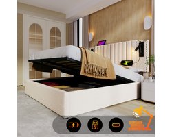 Polsterbed 160x200 cm, katoen, beige, met leeslamp en USB-oplaadfunctie, rugleuning met spijkermotief, opbergruimte onder het bed, inclusief lattenbodem