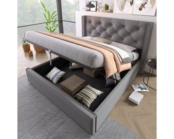 Polsterbed 160x200 cm - Opbergruimte - Hydraulisch - Met Lattenrost - Grijs - Katoen - Metalen frame