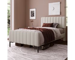 Polsterbed 90 x 200 cm - Eenpersoonsbed met lattenbodem - Verstelbaar hoofdeinde - Gepolsterd in grijs-beige linnenmateriaal voor slaapkamer en gastenkamer - Bedframe jongerenbed