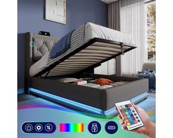 Polsterbed - 90*200 cm - Grijze katoenen stof - Hydraulisch opbergsysteem - Gewatteerd hoofdbord met USB Type-C oplaadfunktie - Driewerkende LED-verlichting (zonder matras)