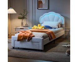 Polsterbed 90x200 cm met LED-verlichting, stopcontact en lade – Houten eenpersoonsbed met lattenbodem – Voor tieners, dames en kinderen – Zonder matras