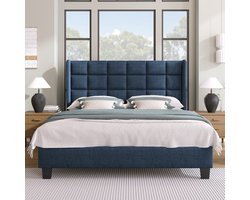 Polsterbed Dubbelbed 140x200cm - Gepolst kopstuk, linnen, blauw, lattenbodem (zonder matras)
