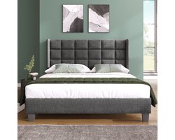 Polsterbed Dubbelbed 140x200cm - Gepolst kopstuk, linnen, grijs, lattenbodem (zonder matras)