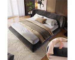 Polsterbed Dubbelbed 180 x 200 cm - Met lattenbodem en hoofdbord - Zonder matras - Afgeronde hoeken - Hoog-elastisch schuim - Huidvriendelijke chenille - Grijs