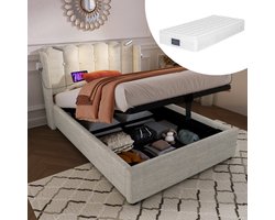 Polsterbed eenpersoons 90x200 met leeslamp, oplaadfunktie, opbergcompartiment, hoofdsteun, lattenbodem, matras en beddengoed van linnenmateriaal – jeugdbed in natuurlijke uitstraling