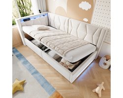 Polsterbed Fluwelen Opbergbed 90x200 cm - USB Laadfunctie - Type-C Laadfunctie - LED Verlichting - Hydraulische Opbergkast - Met Lattenbodem - Beige
