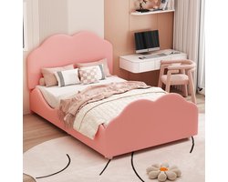 Polsterbed Kinderbed - 90 x 200 cm - hoog hek - Kinderbedstel - wolkachtig hoofd- en voetstuk - huidvriendelijk fluweel Roze