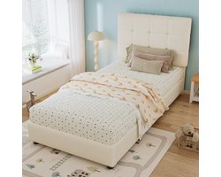 Polsterbed Kinderbed 90x200cm - Zachte hoofdsteun - Antibotsingsschuimrand - Koekvormig hoofdeinde - Beige - PU+ijzer+schuim - Met lattenbodem