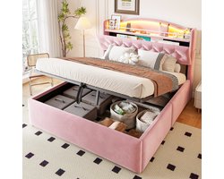 Polsterbed Opbergbed 140x200 cm - Hydraulische Opbergruimte - LED-hoofdbordverlichting - USB & USB-C oplaadpoorten - Opbergvakken in het hoofdbord - Roze velours - Metalen bedbodem